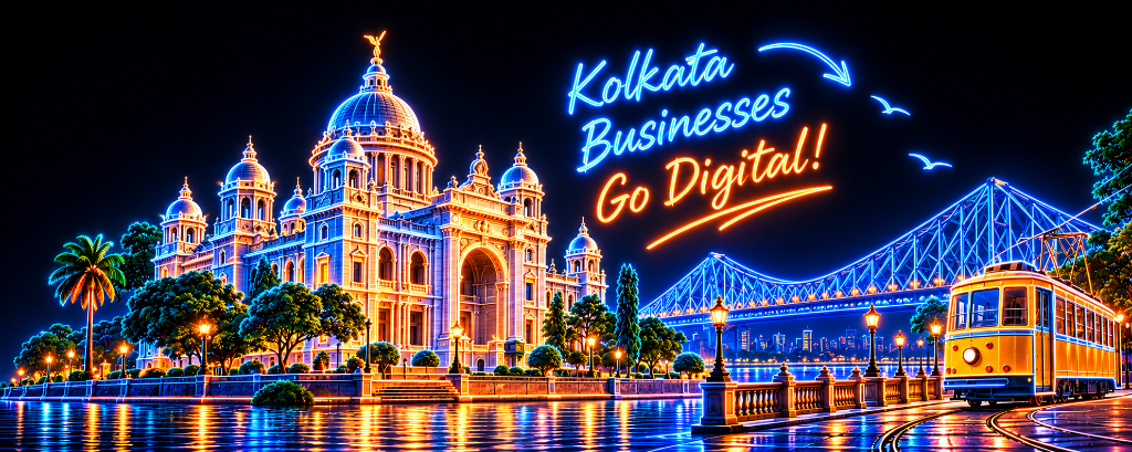 Kolkata landmarks in neon with the text Kolkata Businesses Go Digital